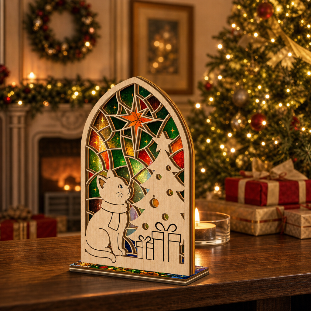 Christmas cat and tree suncatcher candle holder glowing on holiday table
