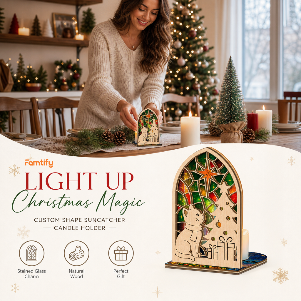 Christmas cat and tree suncatcher candle holder glowing on holiday table
