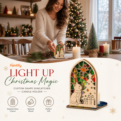 Christmas cat and tree suncatcher candle holder glowing on holiday table