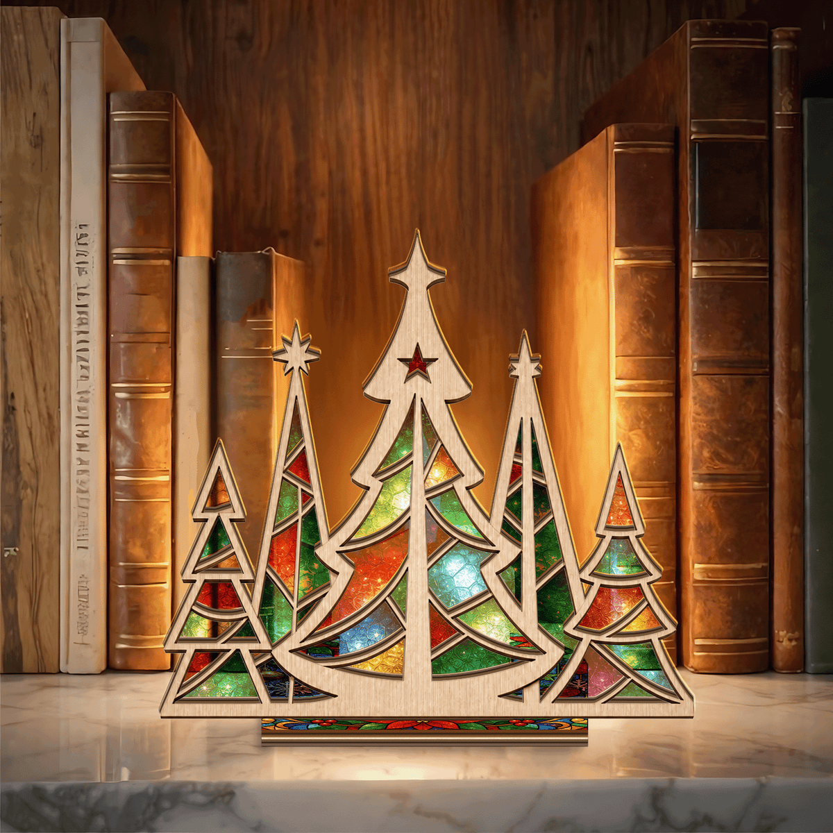 Christmas forest suncatcher candle holder with tall star topped trees