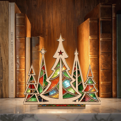 Christmas forest suncatcher candle holder with tall star topped trees