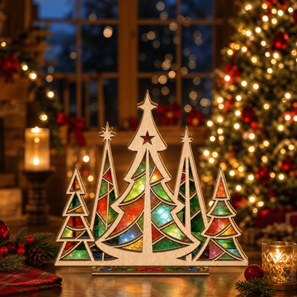 Christmas forest suncatcher candle holder glowing on holiday table