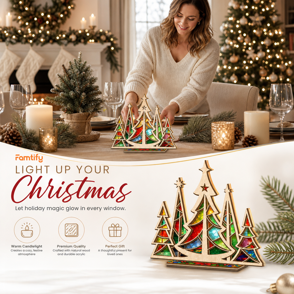 Christmas forest suncatcher candle holder glowing on holiday table