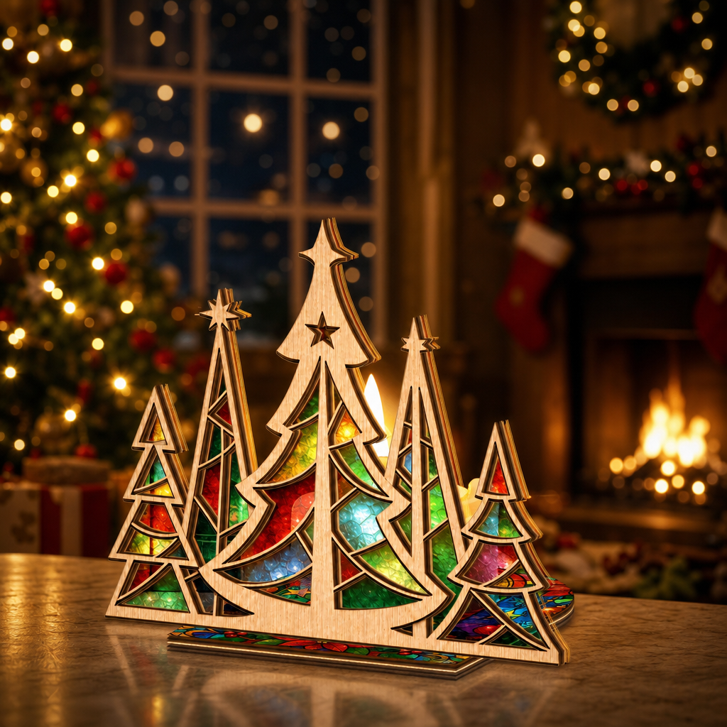 Christmas forest suncatcher candle holder glowing on holiday table