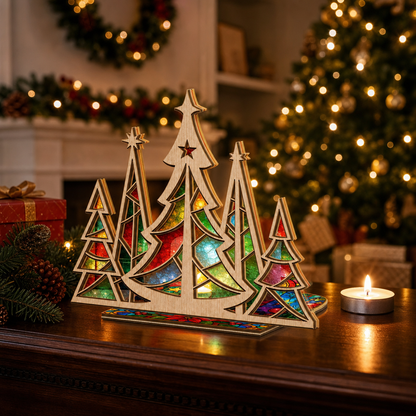 Christmas forest suncatcher candle holder glowing on holiday table