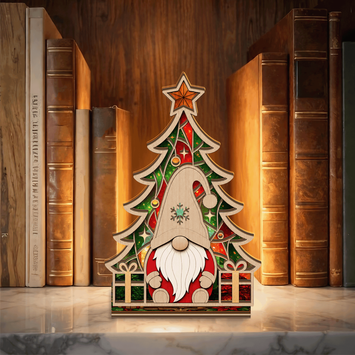 Christmas gnome and tree suncatcher candle holder with gift boxes
