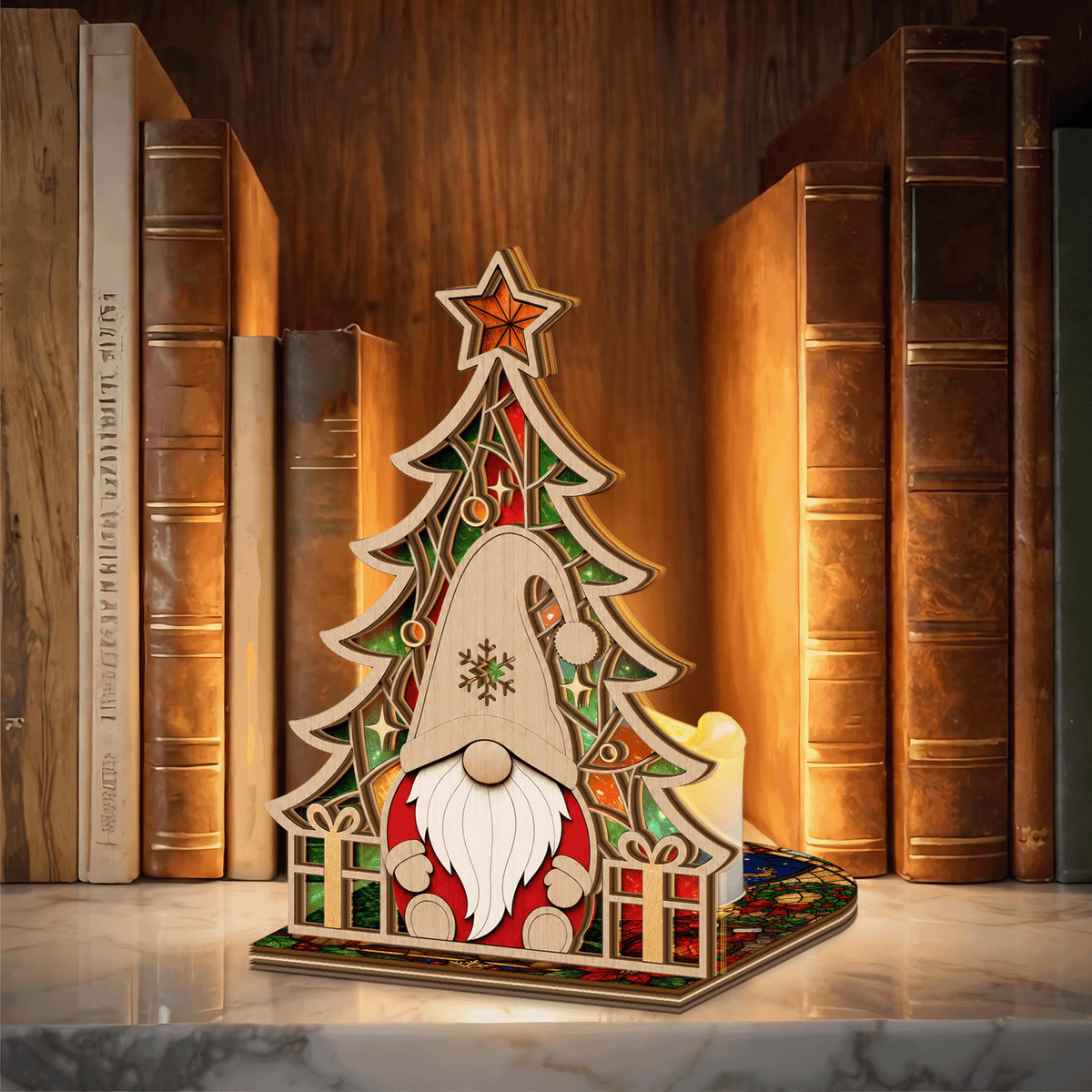 Christmas gnome and tree suncatcher candle holder side view