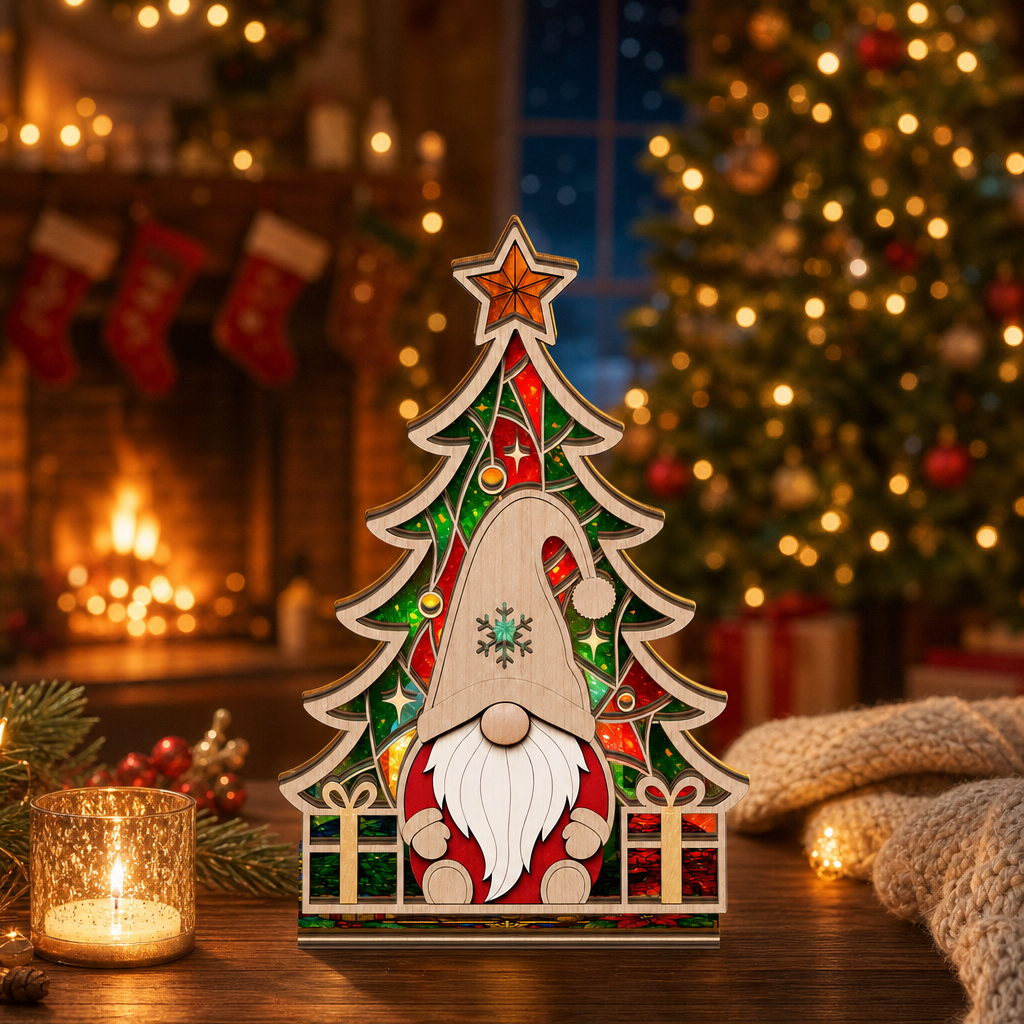 Christmas gnome and tree suncatcher candle holder glowing on holiday table
