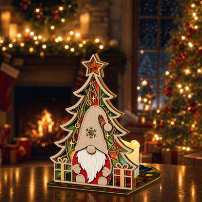 Christmas gnome and tree suncatcher candle holder glowing on holiday table