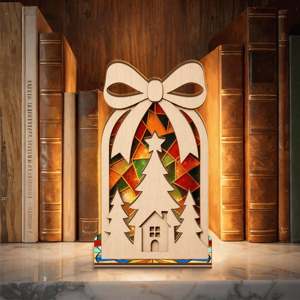 Christmas bow cottage suncatcher candle holder with tree and pines