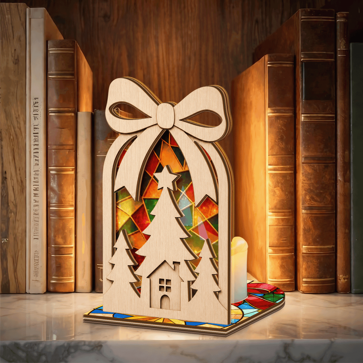 Christmas bow cottage suncatcher candle holder side view
