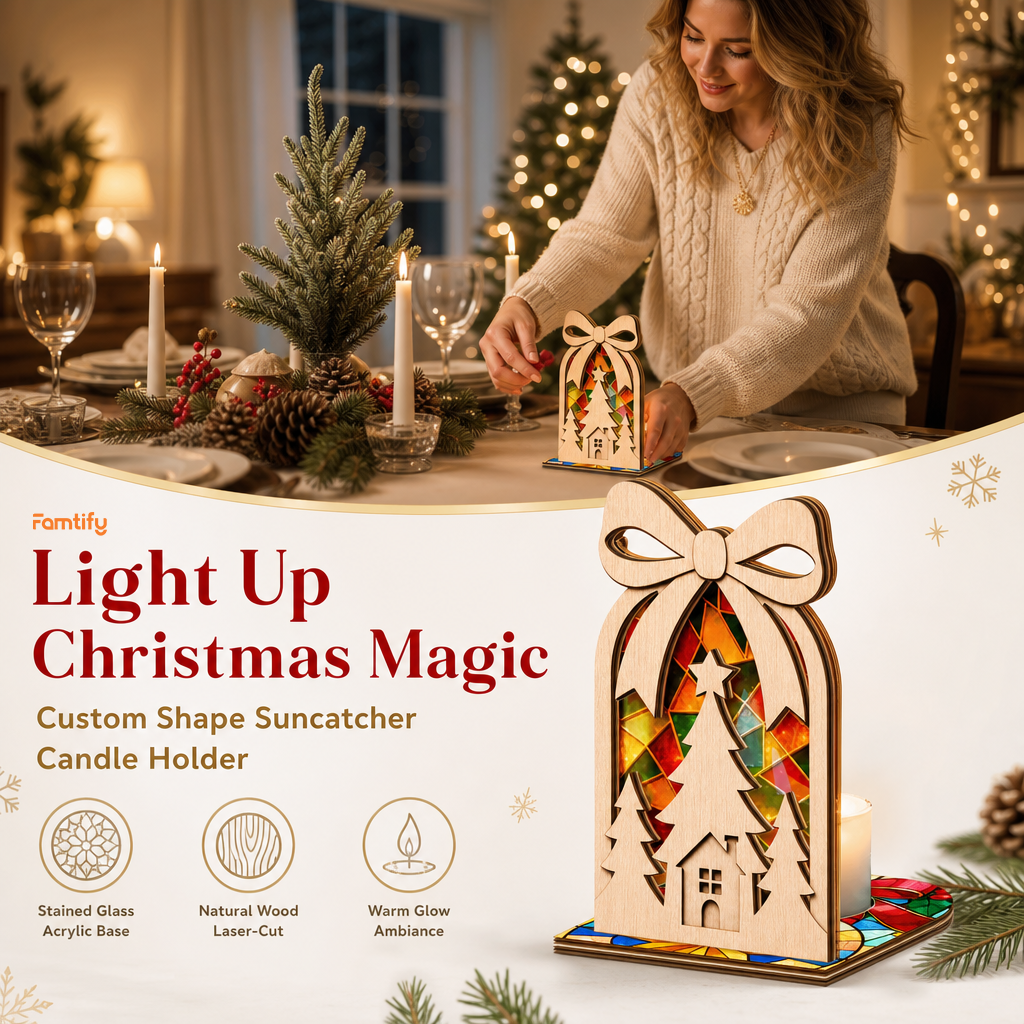 Christmas bow cottage suncatcher candle holder glowing on holiday table