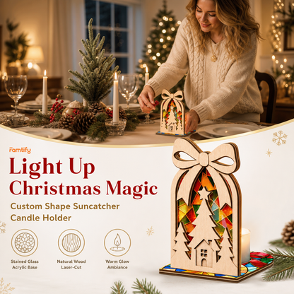 Christmas bow cottage suncatcher candle holder glowing on holiday table