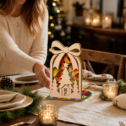 Christmas bow cottage suncatcher candle holder glowing on holiday table