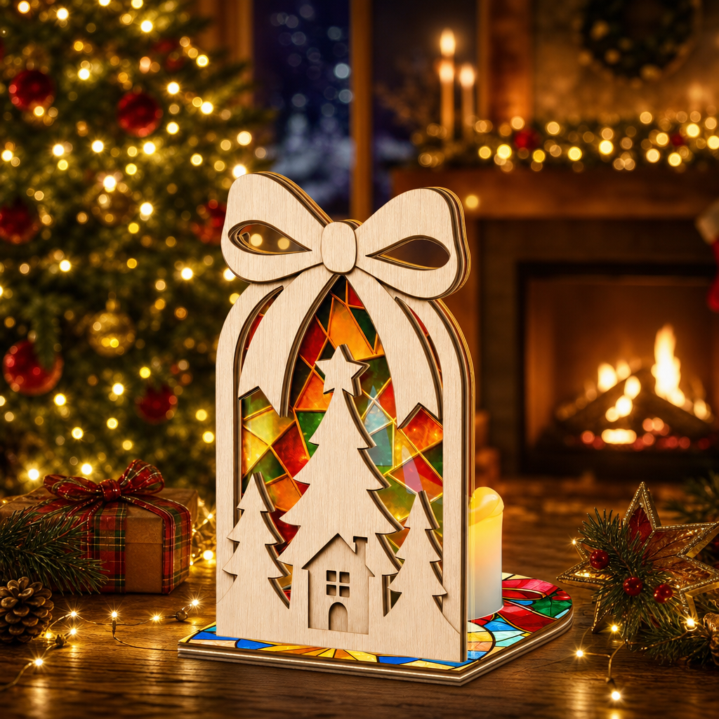 Christmas bow cottage suncatcher candle holder glowing on holiday table