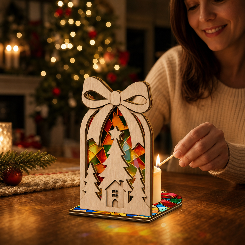 Christmas bow cottage suncatcher candle holder glowing on holiday table