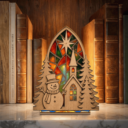 Christmas snowman and church suncatcher candle holder with gothic arch window