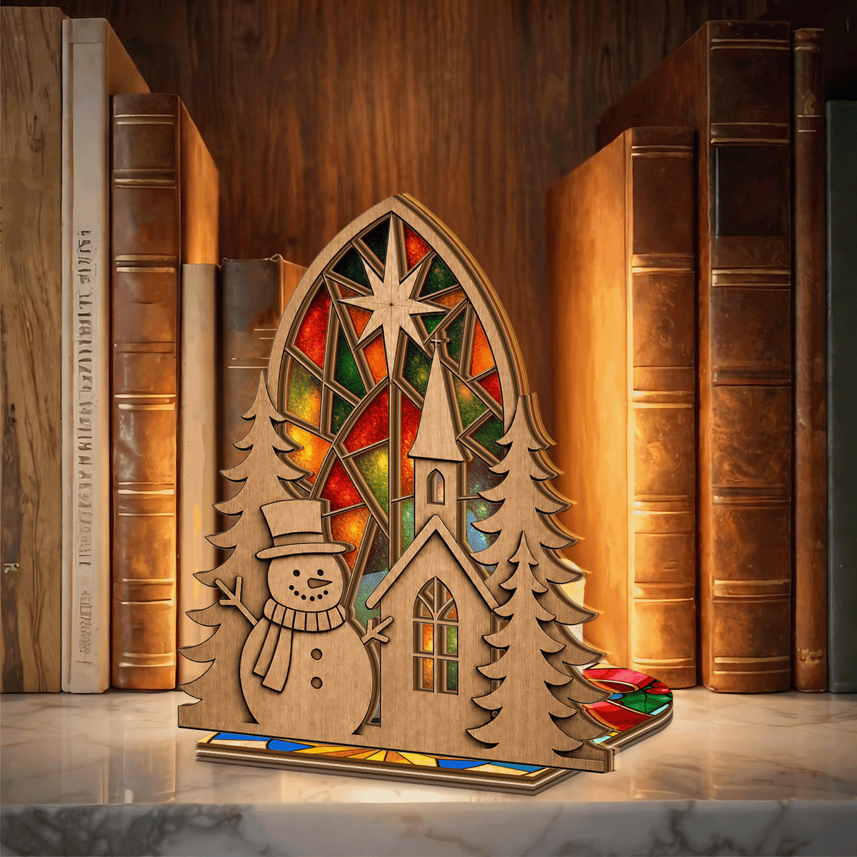 Christmas snowman and church suncatcher candle holder side view