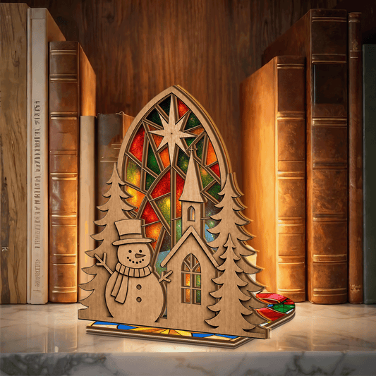 Christmas snowman and church suncatcher candle holder side view
