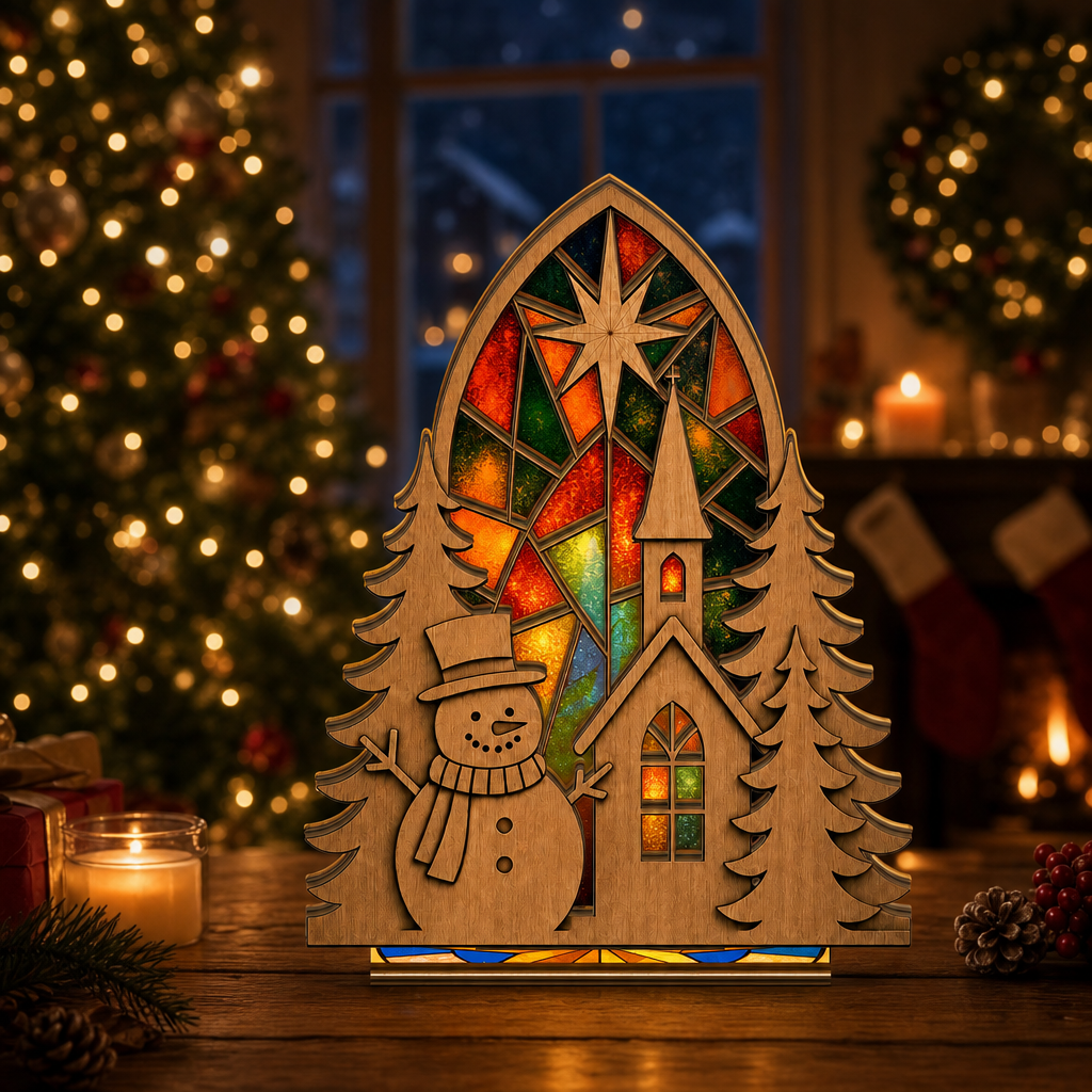 Christmas snowman and church suncatcher candle holder glowing on holiday table