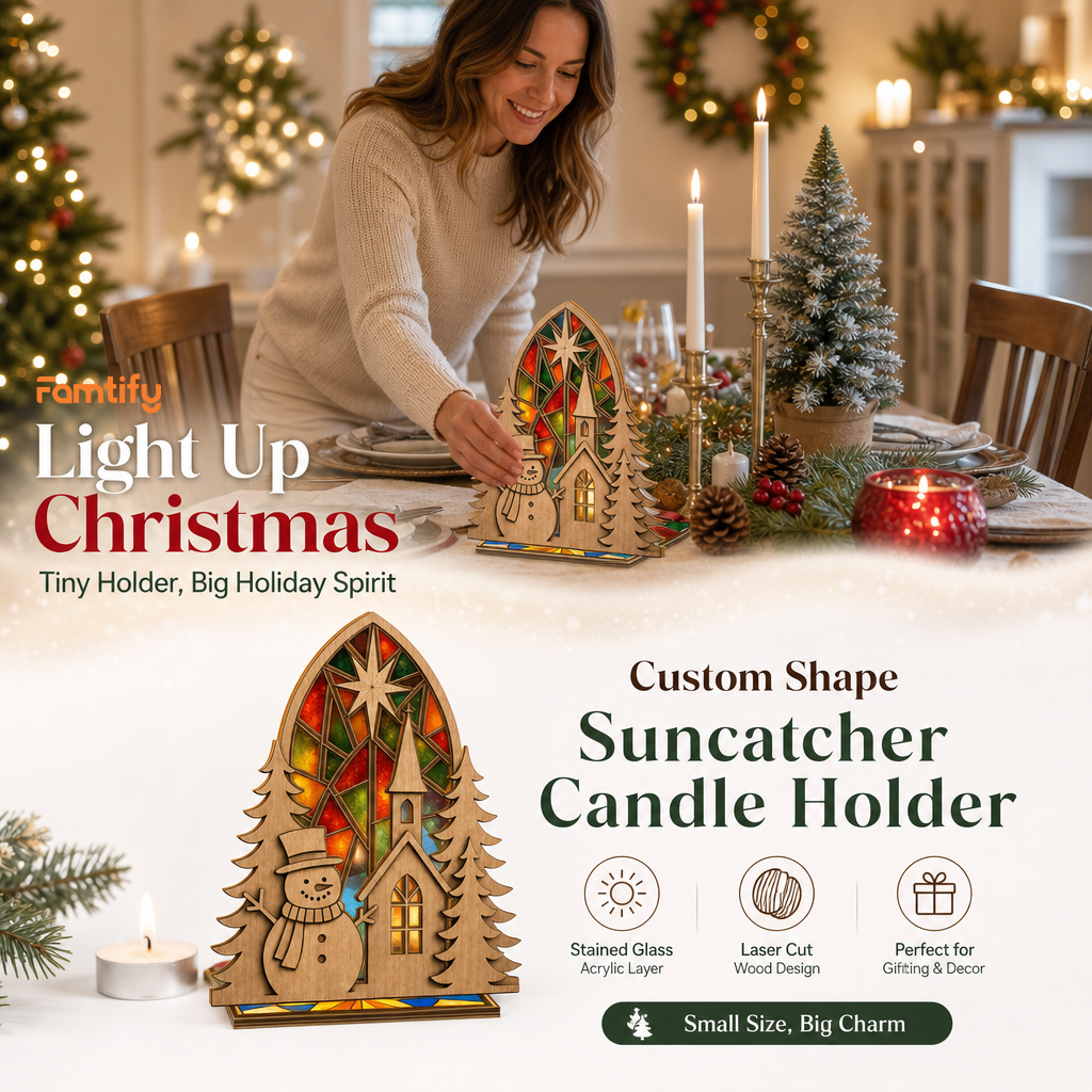 Christmas snowman and church suncatcher candle holder glowing on holiday table