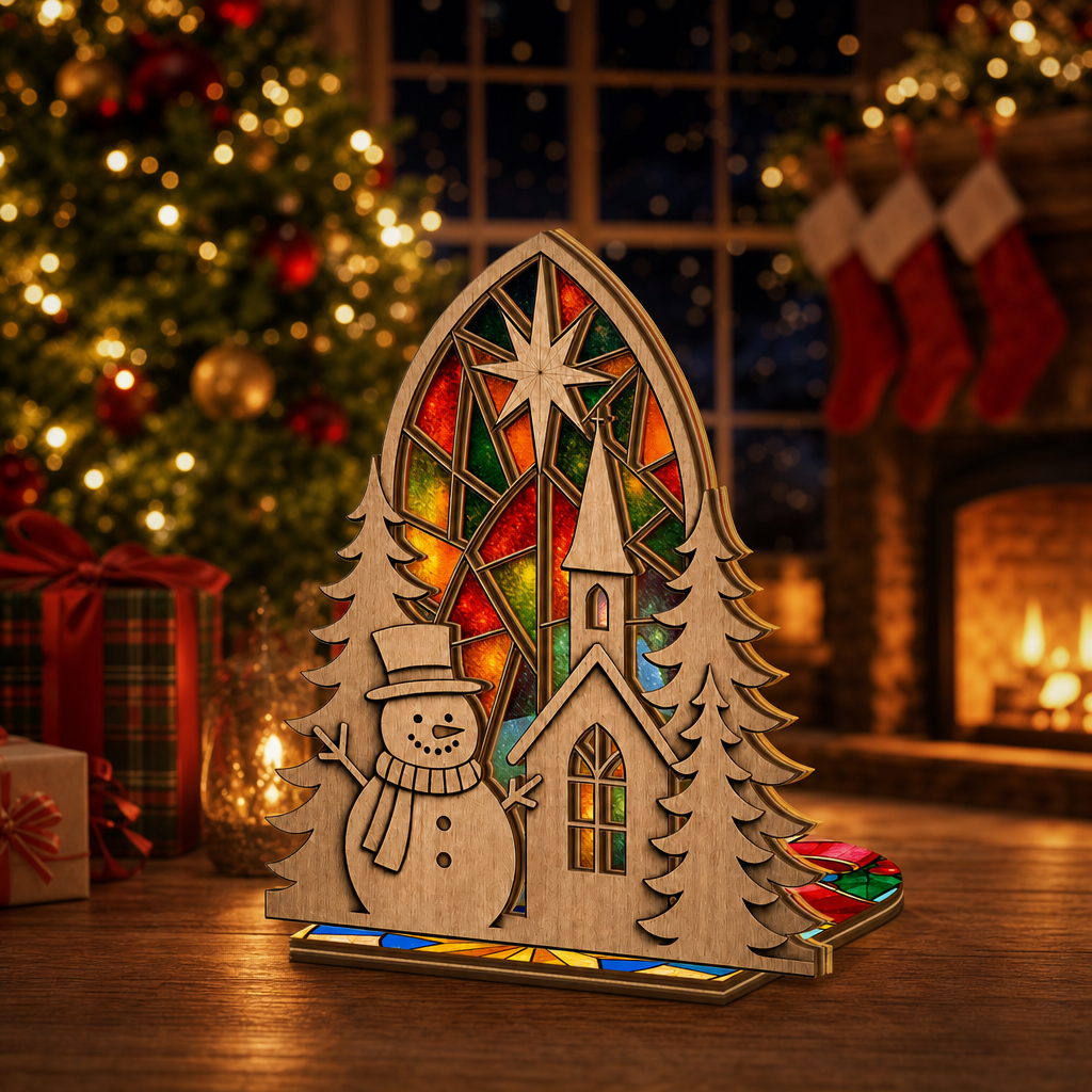 Christmas snowman and church suncatcher candle holder glowing on holiday table