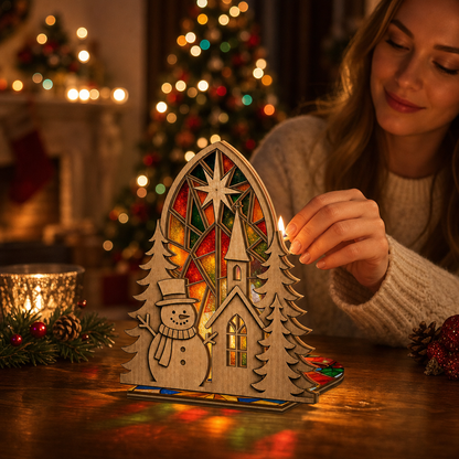 Christmas snowman and church suncatcher candle holder glowing on holiday table