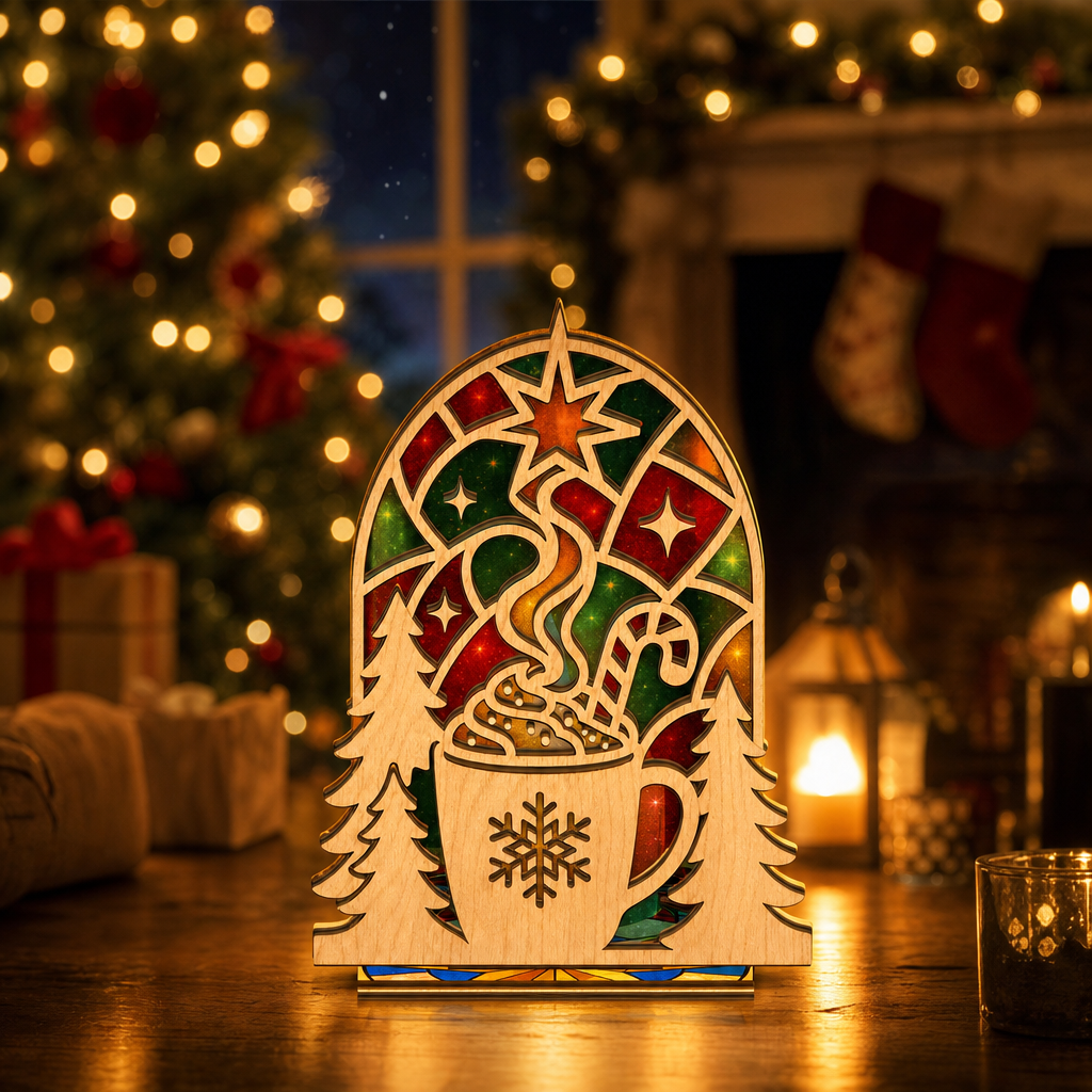 Christmas hot cocoa suncatcher candle holder glowing on holiday table