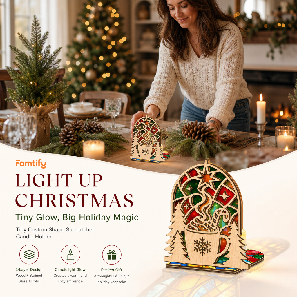 Christmas hot cocoa suncatcher candle holder glowing on holiday table