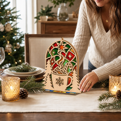 Christmas hot cocoa suncatcher candle holder glowing on holiday table