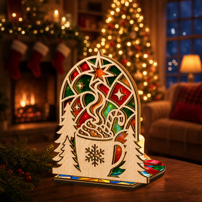 Christmas hot cocoa suncatcher candle holder glowing on holiday table