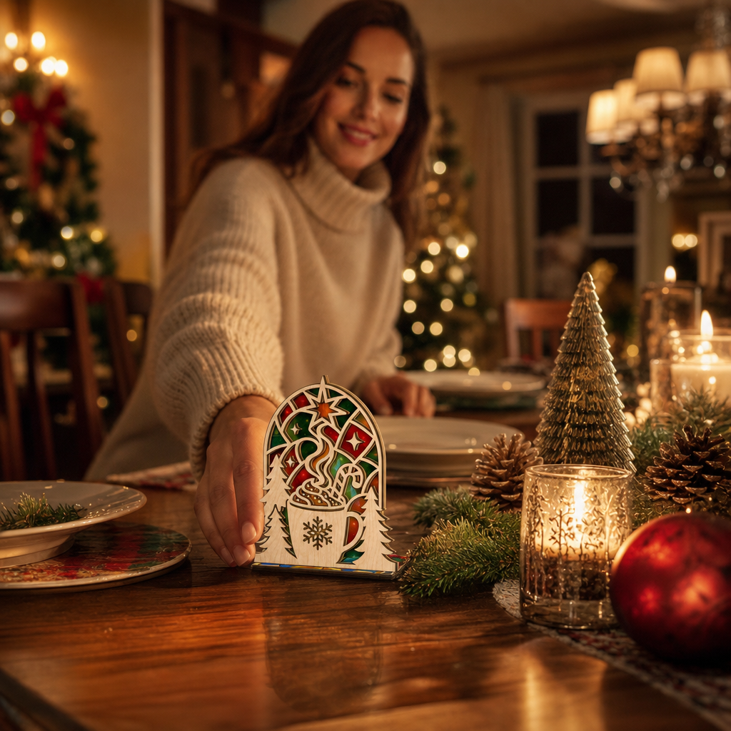 Christmas hot cocoa suncatcher candle holder glowing on holiday table