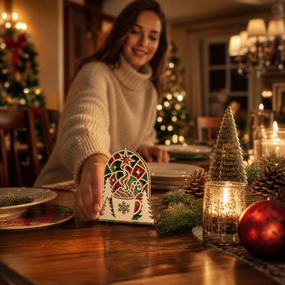 Christmas hot cocoa suncatcher candle holder glowing on holiday table