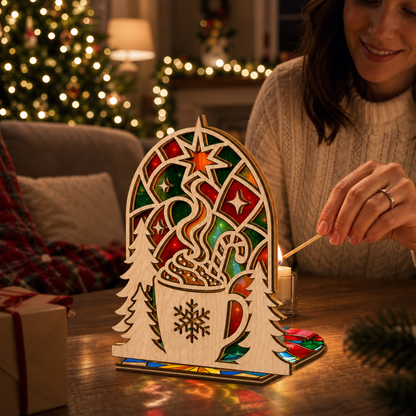 Christmas hot cocoa suncatcher candle holder glowing on holiday table