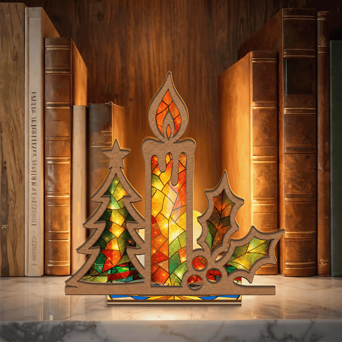Christmas candle and holly suncatcher candle holder with star topped tree
