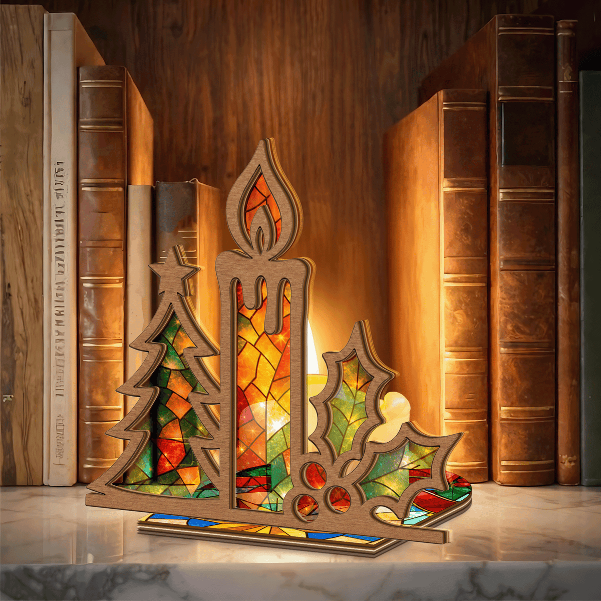 Christmas candle and holly suncatcher candle holder side view
