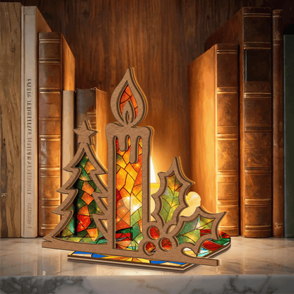 Christmas candle and holly suncatcher candle holder side view