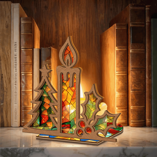 Christmas candle and holly suncatcher candle holder side view