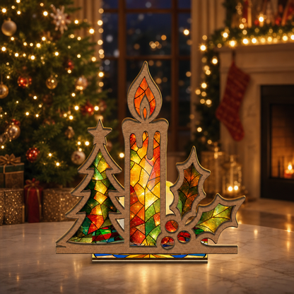 Christmas candle and holly suncatcher candle holder glowing on holiday table