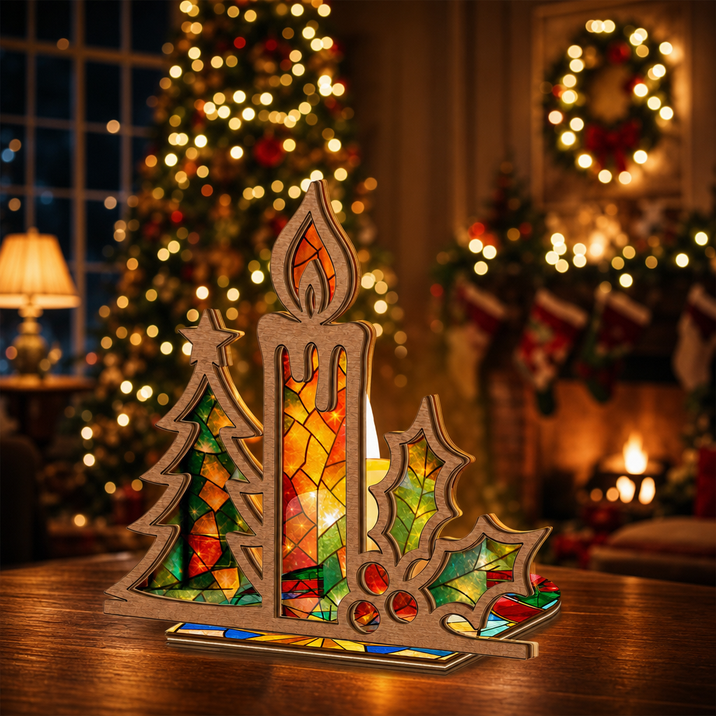 Christmas candle and holly suncatcher candle holder glowing on holiday table