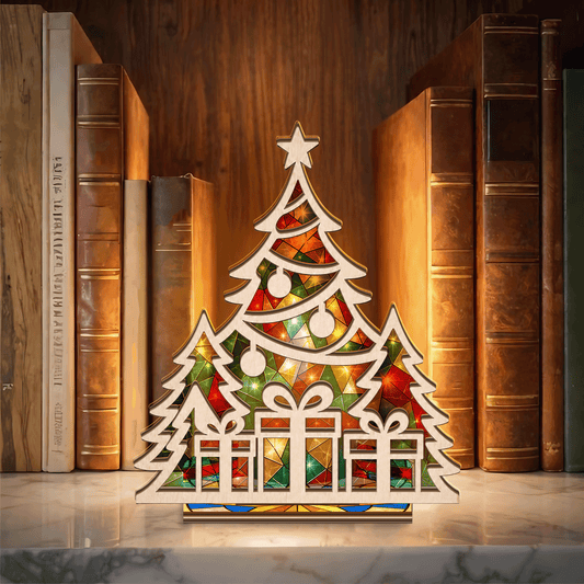 Christmas tree and gifts suncatcher candle holder with ornaments and garland
