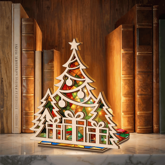 Christmas tree and gifts suncatcher candle holder side view