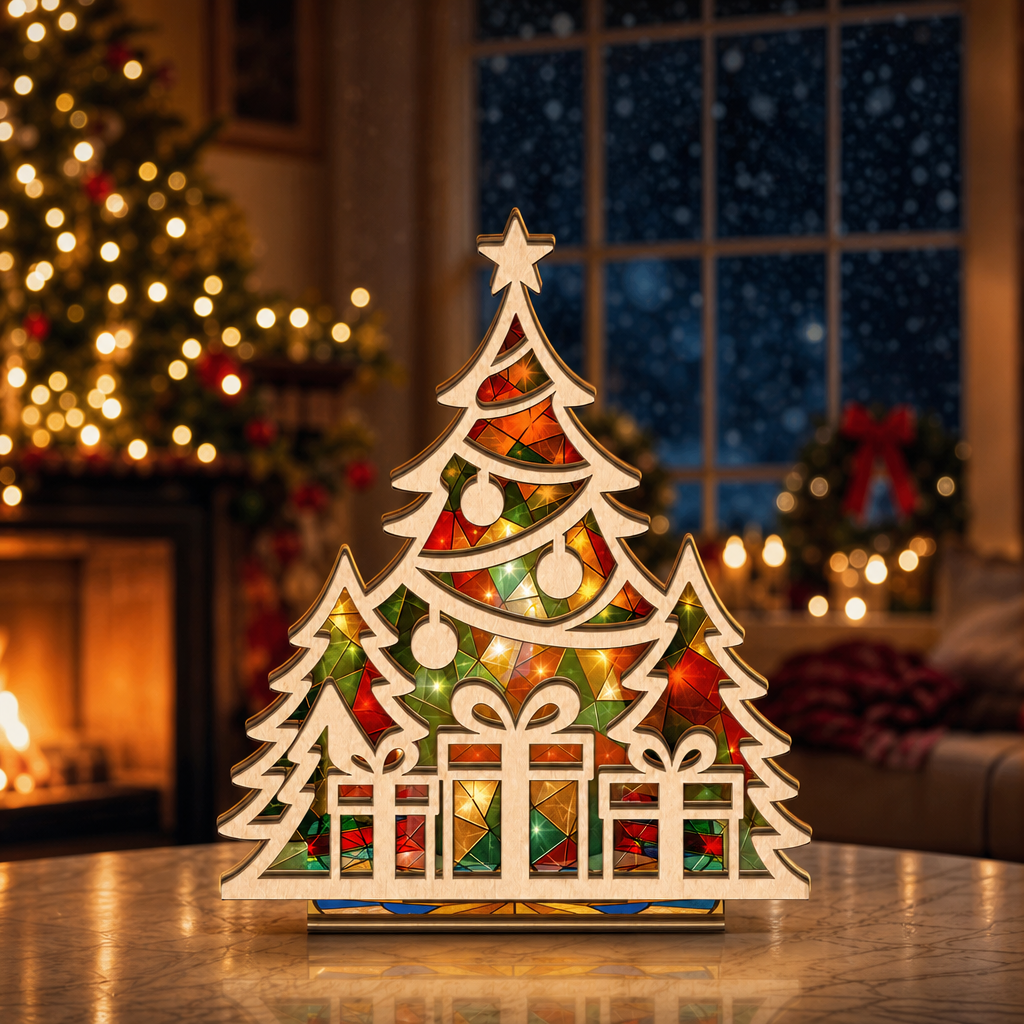 Christmas tree and gifts suncatcher candle holder glowing on holiday table