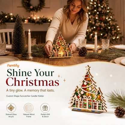 Christmas tree and gifts suncatcher candle holder glowing on holiday table