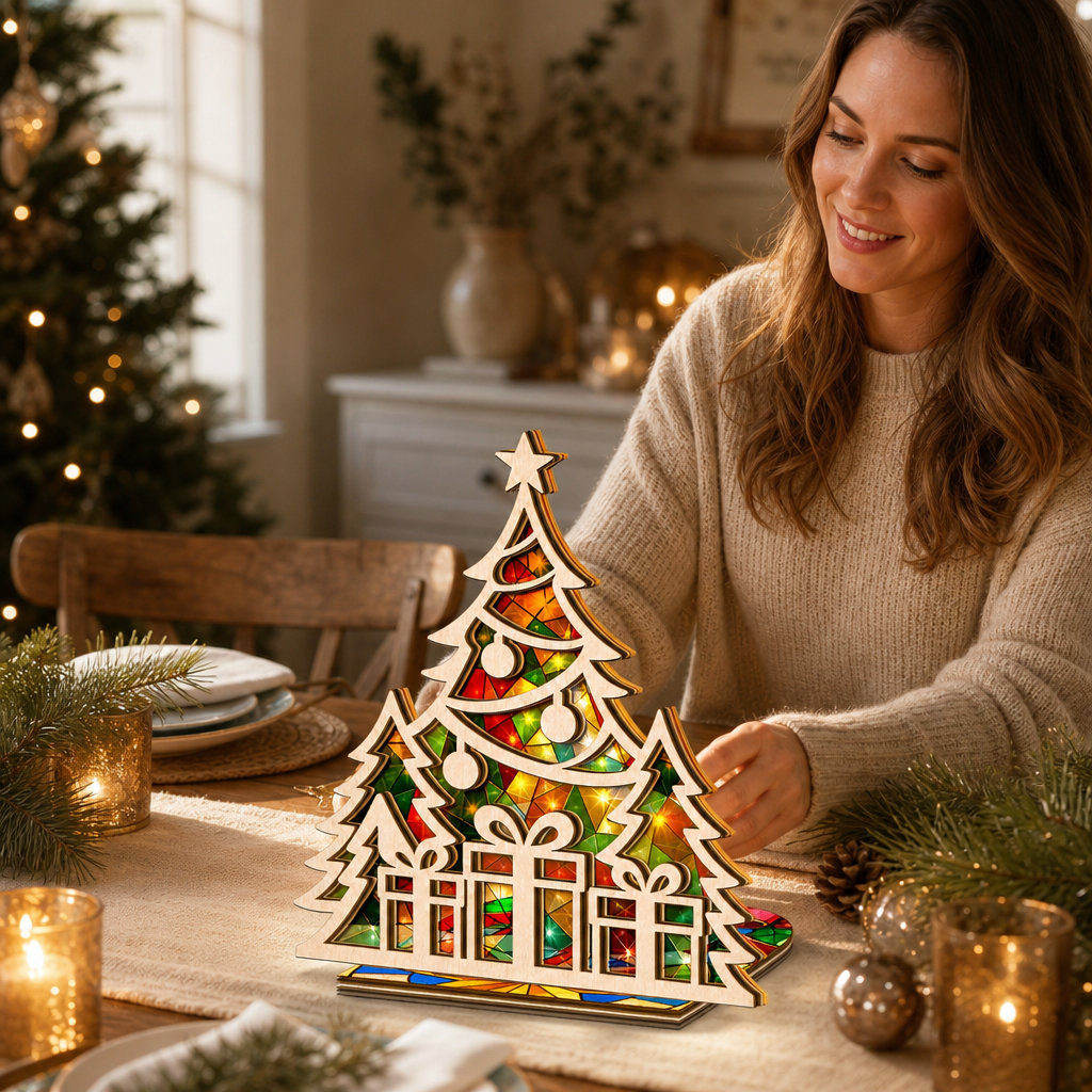 Christmas tree and gifts suncatcher candle holder glowing on holiday table