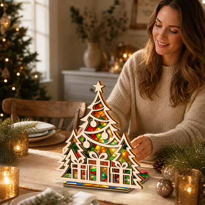 Christmas tree and gifts suncatcher candle holder glowing on holiday table