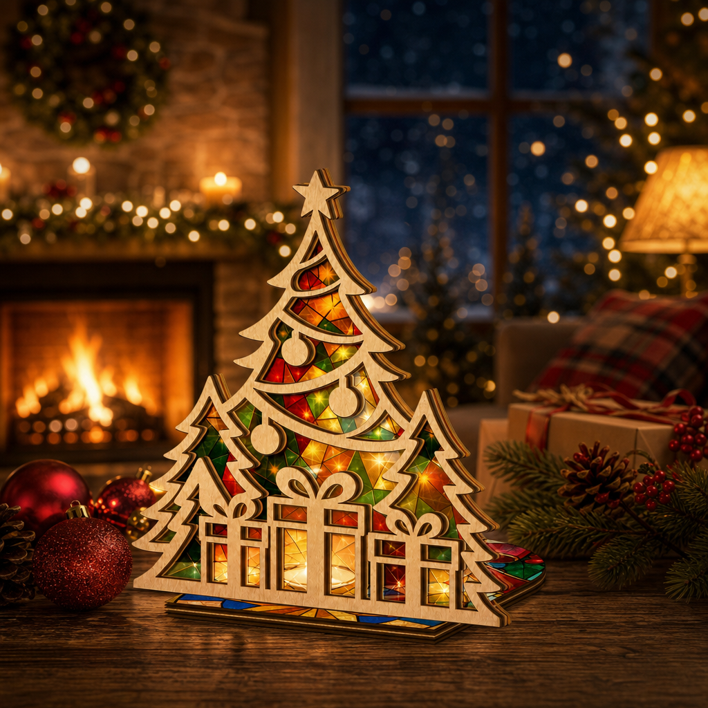 Christmas tree and gifts suncatcher candle holder glowing on holiday table
