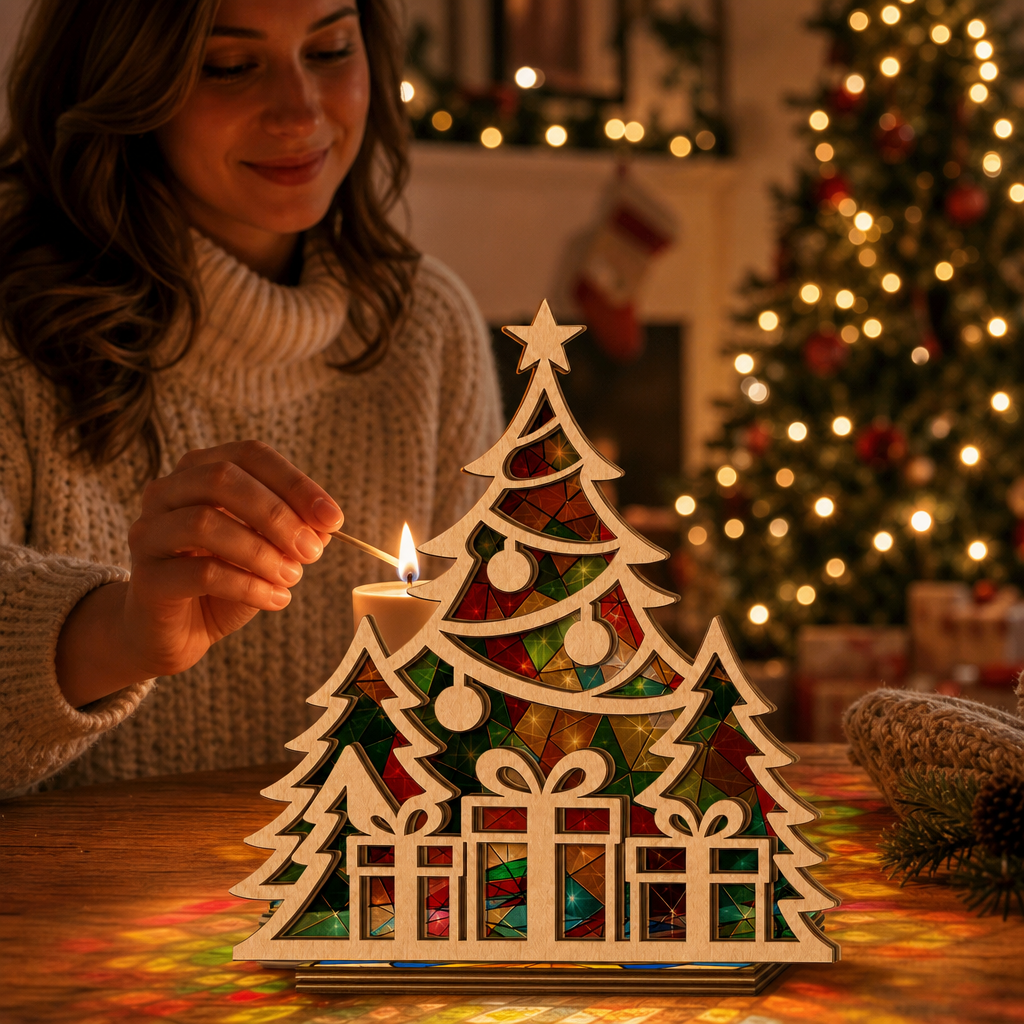 Christmas tree and gifts suncatcher candle holder glowing on holiday table