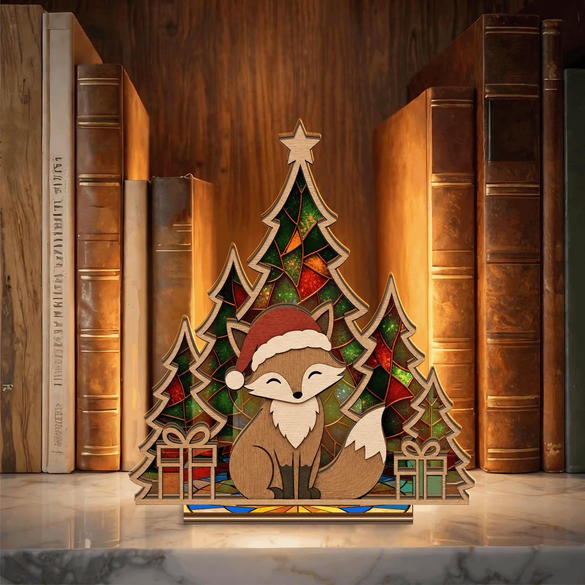 Christmas fox in Santa hat suncatcher candle holder with pines and gifts