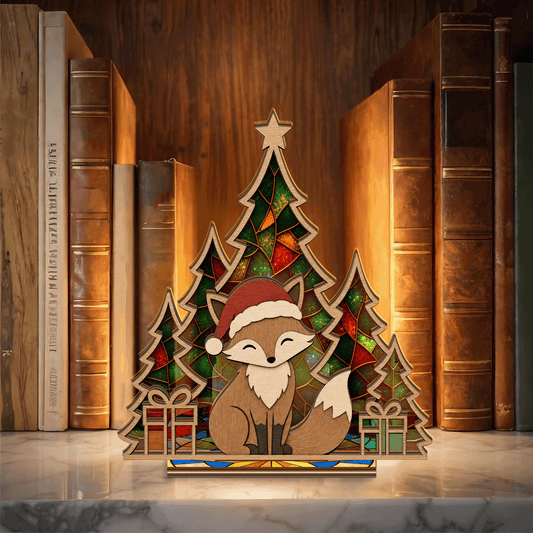 Christmas fox in Santa hat suncatcher candle holder with pines and gifts